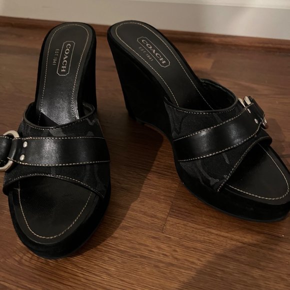 Coach Dresses & Skirts - COACH Meredith Black Logo Canvas Top Suede Wedge Platform Heel Slide Sandal 7.5